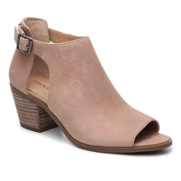 LUCKY BRAND WOMENS BARIMO PEEP TOE BOOTIES TAN LEATHER BLOCK HEEL 7.5 - Picture 1 of 10